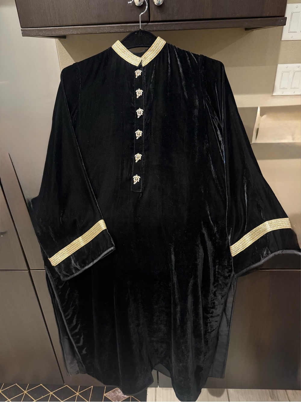 Black Velvet Long-Sleeve Dress with Gold Trim